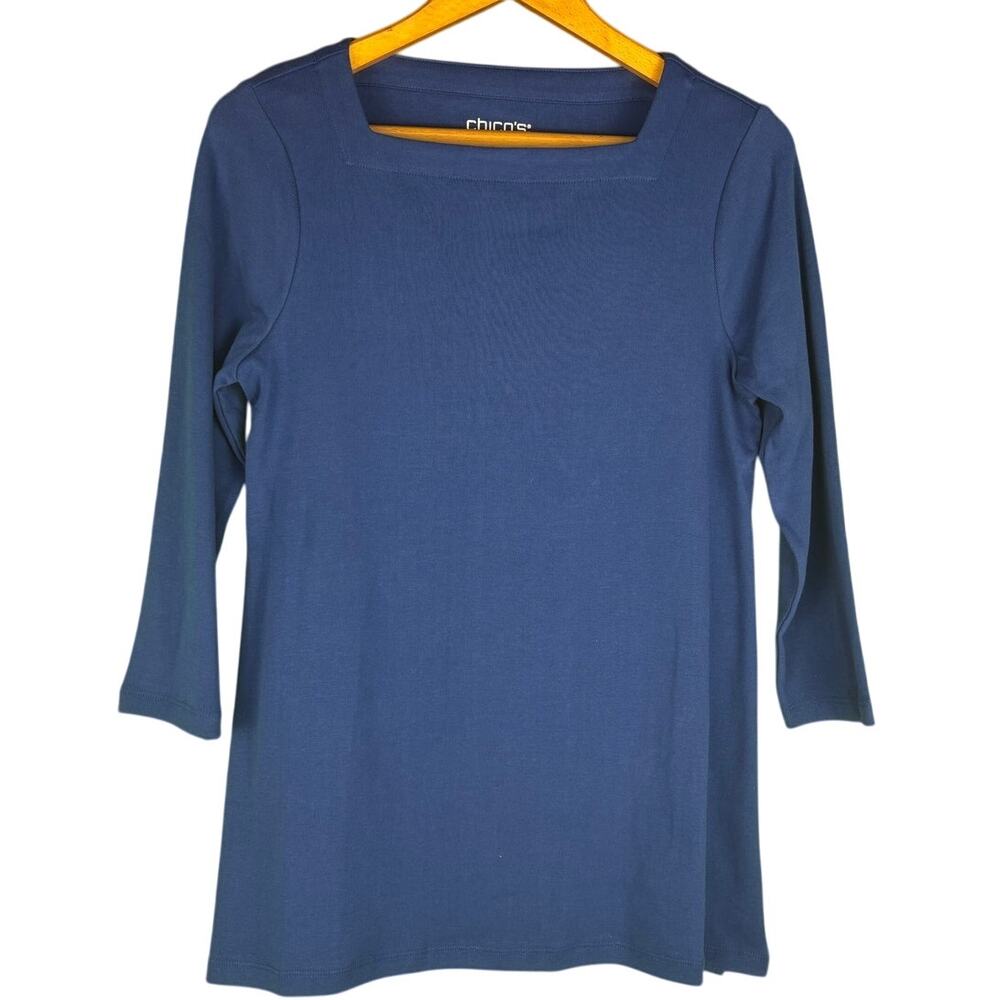 CHICOS Womens Square Neck Tunic 3/4 Sleeve Blue Sz M (Chico 1) 100% Pima Cotton